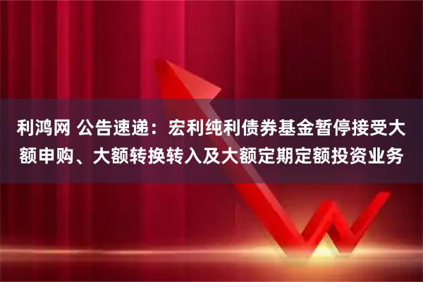 利鸿网 公告速递：宏利纯利债券基金暂停接受大额申购、大额转换转入及大额定期定额投资业务